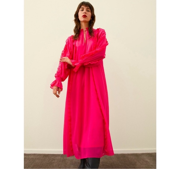 H&M Modest Chiffon Maxi Dress Cerise Pink A-Line Long Sleeve Ruffles XS - Picture 2 of 13